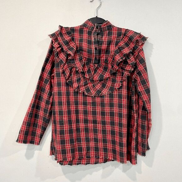 Zara Women's Gingham Tiered Bib Long Sleeves Mock Neck Top Red/Black Size M - Picture 3 of 7